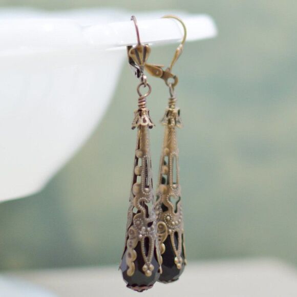 Long Black and Filigree Teardrop Earrings - Picture 1 of 1